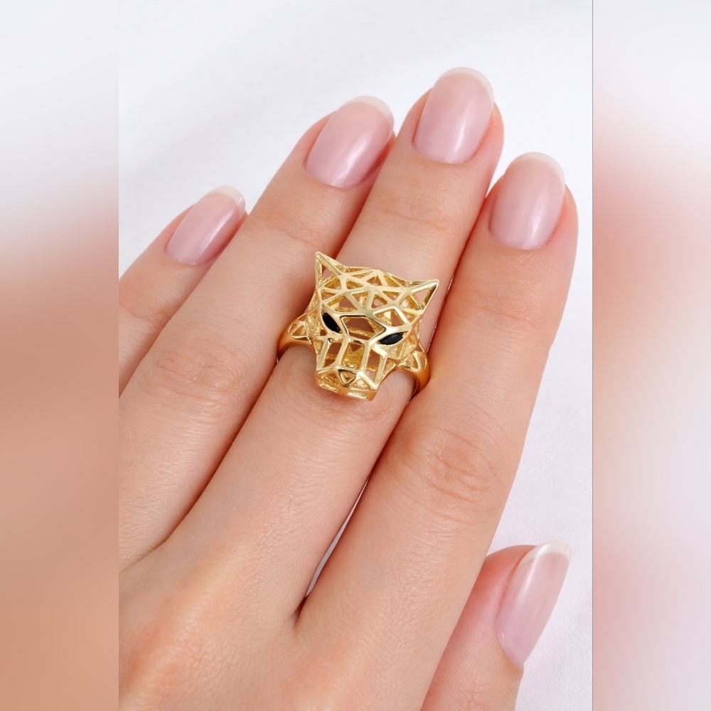 Gold Plated Panther Ring Size 9 Geometric Animal Head Statement Ring Black Eyes